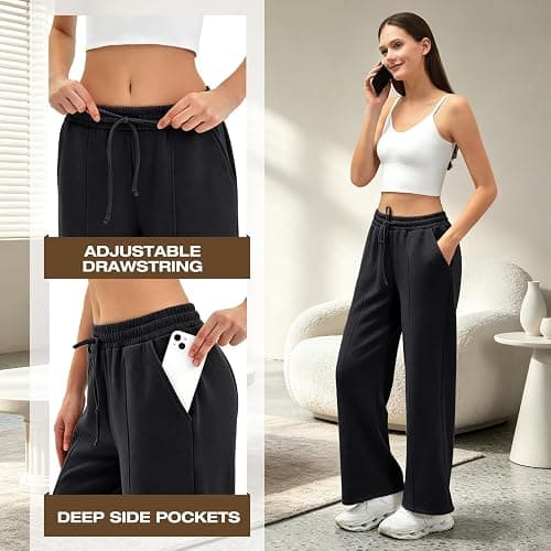 Fawarior Womens Wide Leg Sweatpants High Waisted Lounge Pants | Drawstring Waist, 2 Deep Pockets, Light Fleece Lining, Comfy Baggy Fit, Lounge Athletic Joggers thumbnail 4