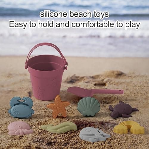 JasCherry Beach Toys for Kids, 10Pcs Silicone Beach Toy Set, Collapsible Beach Bucket, Spade, CrabTurtle Starfish Sand Molds for Beach Party Camping Fun Summer Activities Christmas (A) thumbnail 3