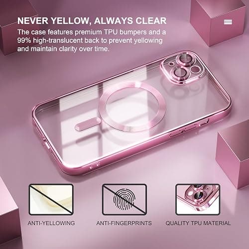 Misea Magnetic for iPhone 15 Case Compatible with MagSafe [Never Yellowing] [Military Grade Drop Protection] Full Camera Lens Protector Plating Soft Clear Phone Case for Women, Pink thumbnail 3
