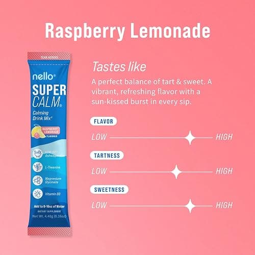 Nello Supercalm Powdered Drink Mix, Cortisol Reducer and Sleep Aid Supplement, L Theanine, Ksm-66 Ashwagandha, Magnesium Glycinate, Vitamin D 3, No Sugar, Non GMO, On The Go, 20 Ct, Raspberry Lemonade thumbnail 2