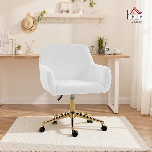 HOMCOM Swivel Office Chair, Faux Rabbit Fur Upholstered Vanity Desk Chair with Adjustable Height, Armrests and Wheels for Office, Makeup, Dressing Table, Cream White thumbnail 2