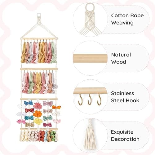 Mkono Headband Holder Boho Hair Bow Organizer for Girls Macrame Bow Hanger with 30 Hooks Bow Holder for Nursery Baby's Room Hair Accessories Organizer Wall Hanging Decor for Bedroom Bathroom thumbnail 6