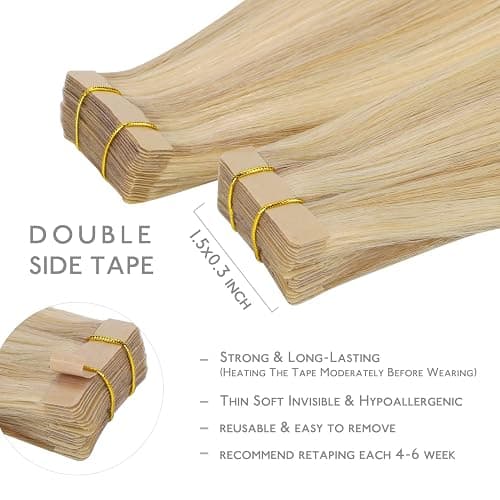 WENNALIFE Tape in Hair Extensions Human Hair, 20pcs 50g 18 inch Light Blonde Highlighted Golden Blonde Remy Hair Extensions Straight Human Hair Tape in Extensions Skin Weft thumbnail 3