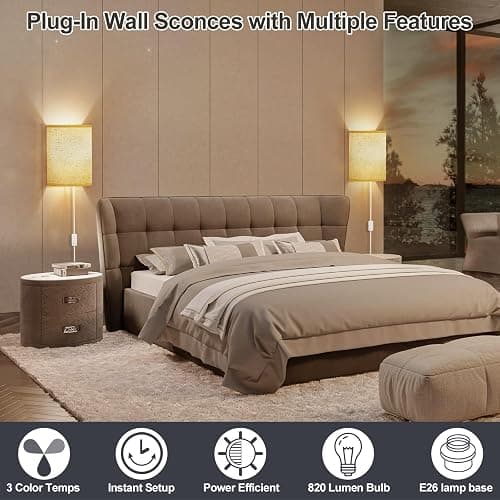 Plug in Wall Sconces Set of Two: Wall Lights with On/Off Switch - Stepless Color Temperature Wall Mount Lamps - Fabric Linen Wall Sconce for Bedroom Living Room & Hallway- Indoor Corded Wall Sconces thumbnail 4