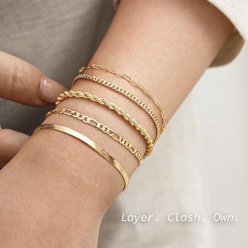 Krfy 5/6Pcs Gold Plated Bracelets for Women Trendy, S925 Plated Silver Bracelet Stack, Non Tarnish Waterproof Bracelets for Women, Paperclip Herringbone Figaro Cuban Twist Chains, Size 6.5''+2'' thumbnail 4