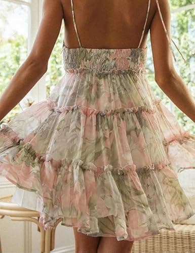 Gihuo Womens Floral Mini Dress Boho Flowy Skater Spaghetti Strap Ruffle Sleeveless Beach Dress 2024 Summer Sundresses thumbnail 6