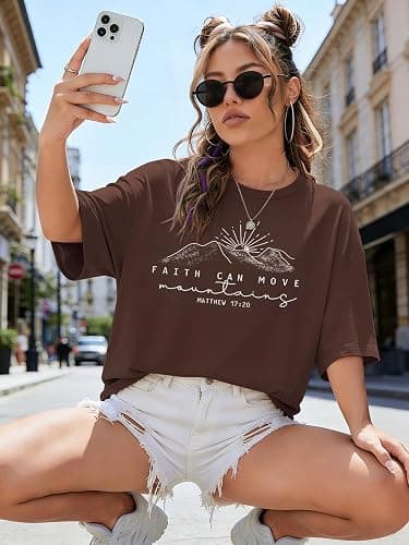 Christian Shirts for Women Oversized Faith Can Move Mountains Shirt Religious Jesus Faith Tshirt Bible Verse Graphics Tees thumbnail 2