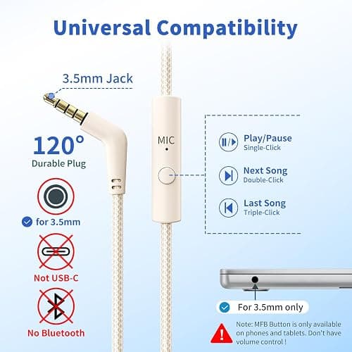 Botesty Sound Headphones Wired with Microphone, Over Ear Foldable 3.5mm Plug in Headphones Corded with 4.9ft Tangle-Free Nylon Cord for Tablet, Laptop, MP3/4, School, Airplane Travel (Beige) thumbnail 2
