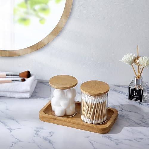 Glass Apothecary Jars, 2 Pack Qtip Holder Dispenser Glass Bathroom Vanity Jars Containers Organizer with Bamboo Lids for Cotton Balls Swabs Pads Rounds Q-tip Bath Salts thumbnail 8