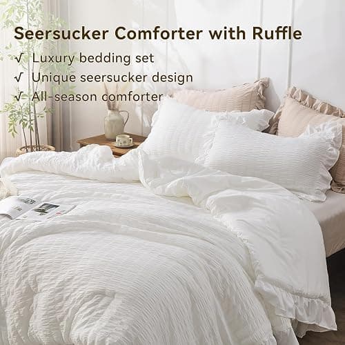 JOLLYVOGUE Queen Comforter Set, 3 Pieces White Seersucker Comforters Queen Size, Lightweight & Fluffy Bedding Sets Queen for All Season with 1 Ruffle Comforter and 2 Ruffle Pillowshams thumbnail 3