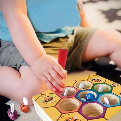 YUNCHY Toddler Fine Motor Skill Toy, Bee to Hive Matching Game, Montessori Wooden Color Sorting Matching Toy, Preschool Educational Learning Toys Gift for Toddler 3 Years Old thumbnail 7
