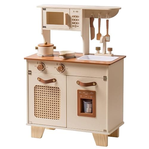 ROBUD Kids Kitchen Playset, Mocha Montessori Wooden Play Kitchen with Ice Dispenser, Pretend Toddlers Kitchen Toy with Accessories, Baby Gift for Ages 3 4 5 6 7 8 - Image 1