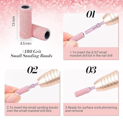 MelodySusie 120 Pcs Nail Drill Bits Small Sanding Bands for 3.1mm Mandrel Bit, 180 Fine Grit Nail File for Acrylic Nails Gel Manicures and Pedicure, Pink (Only Sanding Bands) thumbnail 6