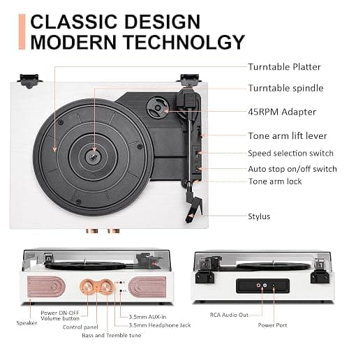 Vinyl Record Player with Built-in Speakers 3-Speed Vintage Record Player Support Treble& Bass Control, 3.5mm Headphone Jack, RCA-Out/Aux in, Belt-Driven LP Turntable,White Rose Gold thumbnail 8