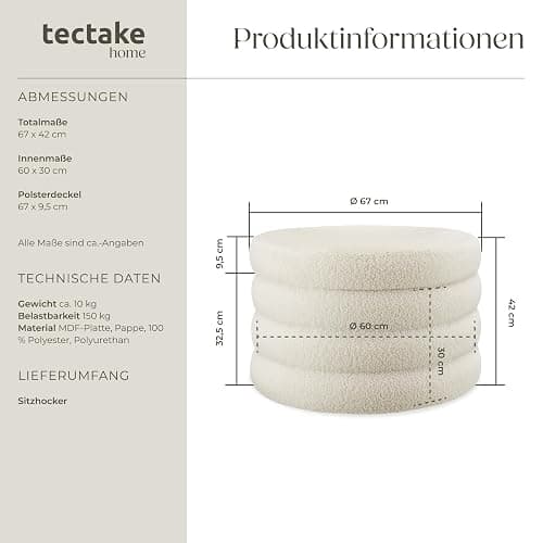 tectake® Hocker mit Stauraum, XL Scandi Sitzhocker Bouclé Teddy Stoff, Pouf, Polsterhocker rund für Schminktisch, Wohnzimmer Möbel, als Flur Möbel, Stauhocker Wohnen, Ø 67 x 42 cm - Bouclé Creme-weiß thumbnail 2