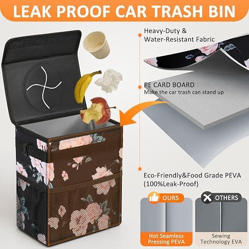 Vankor Car Trash Can with Lid Leak Proof Car Accessories for Women | 2.2 Gallon Cute Hanging Car Trash Bin for Men Car Truck Vehicle Sedan Interior Automotive Garbage Cans, Black Floral thumbnail 3