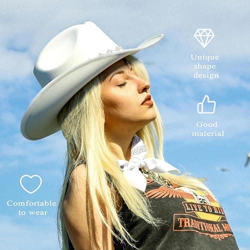 JIANGLAI Western Cowgirl Hat for Women Men, Fedora Wide Brim Rhinestone Cowboy Hat with Bandana and Cowgirl Tassels Earrings thumbnail 4