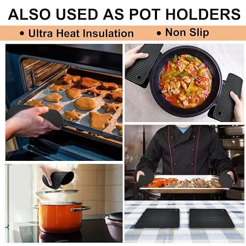 Walfos Silicone Trivet Mats - 4 Heat Resistant Pot Holders, Multipurpose Non-Slip Hot Pads for Kitchen Potholders, Hot Dishers, Jar Opener, Spoon Holder, Food Grade Silicone & BPA Free (Black) thumbnail 2
