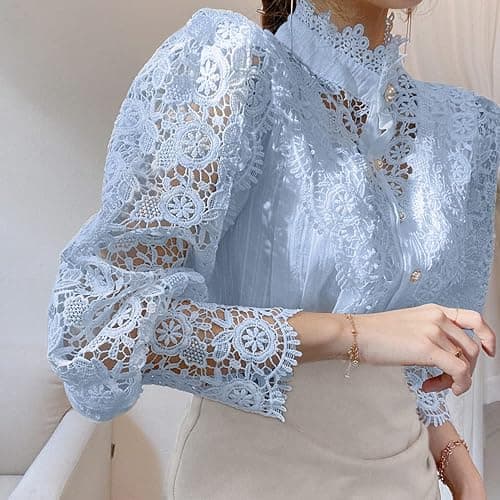 Women’s Stand Collar Lace Patchwork Shirts Casual Hollow Out Flower Petal Sleeve Button Tops thumbnail 3