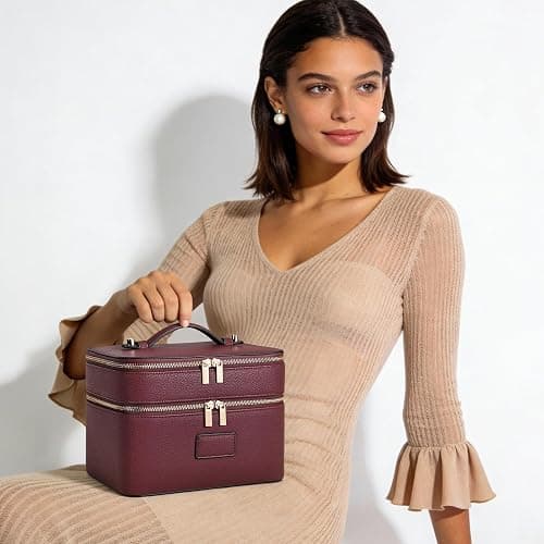 HiTotes Large Makeup Bag Duo Vanity Case for Women Leather Makeup Case Travel Toiletry Bag Portable Double Layer Cosmetic Bag thumbnail 2