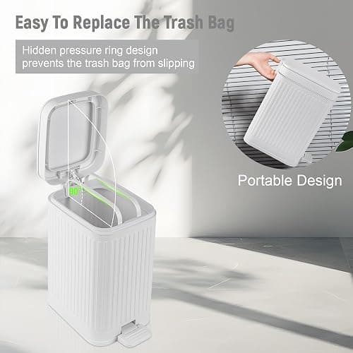 Small Bathroom Trash Can with Lid, 1.9 Gallon Slim Soft Close Step, White | Garbage Can with Pedal for Office, Bedroom, Kitchen & Living Room, Narrow Plastic Wastebasket Container for Small Spaces thumbnail 5
