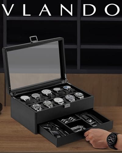 Vlando Watch Box 10 Slots, Lockable Watch Case with Textured Leather, 2 Layer Watch Holder for Rings, Glasses, Mens Jewelry Box with Glass Lid, Removable Divider, Gifts for Father, Husband, Black thumbnail 8