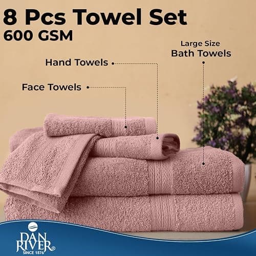 DAN RIVER 8 PC Luxury Bath Towels for Bathroom, 2 Bath, 2 Hand, and 4 Wash Cloths, 600 GSM 100% Ring Spun Cotton Towel Set, Highly Absorbent, Gym, Hotel, and Spa, Dusty Rose thumbnail 8