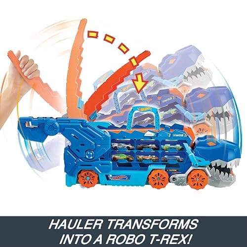 Hot Wheels City Toy Car Track Set, Ultimate T-Rex Transporter, Hauler Transforms into Stomping Dino with Race Track, from Netflix Series “Let’s Race” thumbnail 4