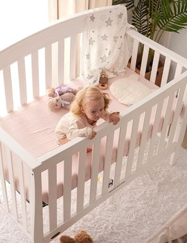Momcozy Crib Sheets 52"x28", 2 Pack Muslin Crib Sheets for Baby Nursery | Soft Breathable Cotton Crib Sheets Girl Boys, 360° Mattress Wrapping No Slip Baby Neutral Toddler Bed Sheet, Beige Blush thumbnail 2