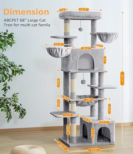 ABCPET Cat Tree Large Cat Tower Tree 68" Multi-Level Cat Tower for Indoor Cats with Sisal Scratching Posts, Widen Cat Perche, Square Hammock, 2 Widen Condos, Scratching Posts, Light Grey thumbnail 6