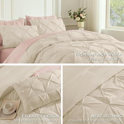 Andency Beige Comforters Queen Size, 3 Pieces Cream Bedding Set & Collections for Women Men, All Season Soft Fluffy Lightweight Pinch Pleat Bed Comforter Set (90x90Inch) thumbnail 2