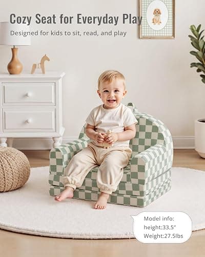 Blissful Diary Kids Couch, 2-in-1 Soft Toddler Couch Fold Out, Toddler Chair Comfy, Convertible Sofa to Lounger, Kids Furniture for Playroom, Gift for Birthday, Children's Day, Sage thumbnail 4