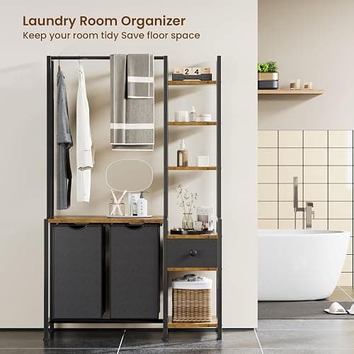 Creso hom Laundry Hamper with Shelf, 5 Tiers Tall Laundry Basket Sorter with 2 Pull-Out and Removable Bags, Clothes Rack with Laundry Sorter for Laundry Room Bathroom Bedroom, Rustic Brown thumbnail 6