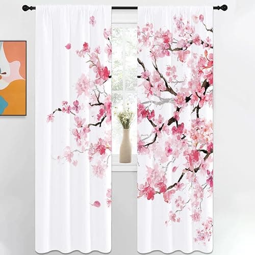 Kikiry Long Pink Floral Curtains, Japanese, 42" W x 84" L, Rod Pocket | 2 Panels, Sakura Pattern, Elegant Cherry Blossom Art, Cute Girly Aesthetic, Extra Tall Window Drapes Decor - Image 1