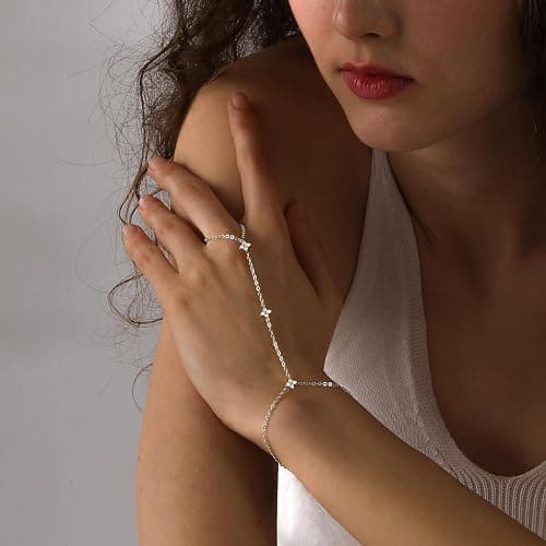 Bheop Bracelets for Women 14K Gold Silver Plated Ring Bracelet Hand Chain Dainty Evil Eye Heart Clover Daisy Cubic Zirconia Stackable Link Chain Hypoallergenic Body Jewelry Cute Trendy Gifts thumbnail 2