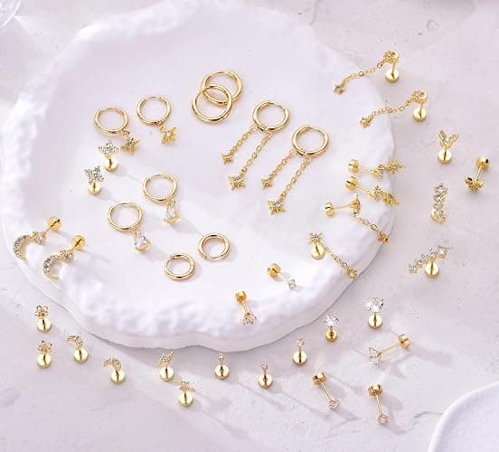 20 Pairs 40pcs Gold Flat Back Earrings Hypoallergenic Cartilage Earring for Women,Mix of 10pcs Hoops,30pcs Studs,Dazzling Helix & Tragus Piercing Jewelry,20G Screw Back Earrings Sets for Multiple Piercing thumbnail 5
