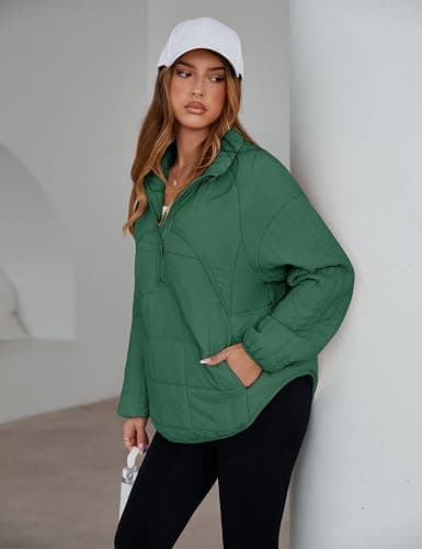 Daacee 2025 Oversized Lightweight Quilted Pullover Jacket for Women Half Zip Puffer Jackets Padded Outwear with 4 Pockets - Green - Medium thumbnail 3