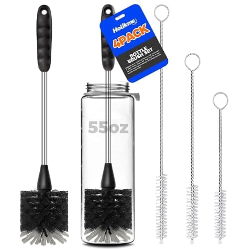 Holikme Bottle Brush Cleaner Set, 14" Long Handle Stainless Steel Bottle Cleaner Brush, 3 Straw Cleaner Brush, Bottle Cleaning Brush for Water Bottle, Cups, Abrasive Wheel Brushes, Straws Black - Image 1