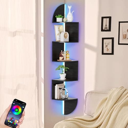 Corner Shelf, 5 Tier Bookshelf with LED Light, Corner Shelf Wall Mounted, Floating Shelves for Wall, Display Stand for Bedroom, Living Room, Bathroom, Home, Office, Black - Black - 5 Tier - Image 1