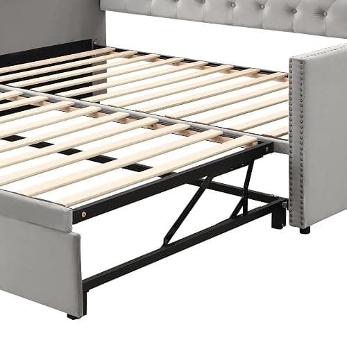 Girls guest GOTwin Size Upholstered Daybed with Pop Up Trundle, Twin to King Size Day Bed, Trundle Can Be Flat Or Erected, Extendable Daybd(Gray-DB) - Gray-db thumbnail 8