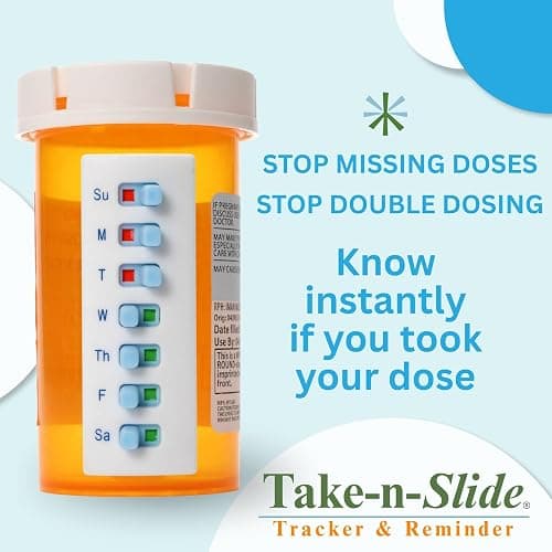 TAKE-N-SLIDE Peel and Stick Reusable for 12 + Refills, Pill/Medication/Vitamin/Pet Med Tracker & Reminder, Attach to Your Bottle, Organizer-Free, Curved‑Back (White, 5-Pack) thumbnail 2