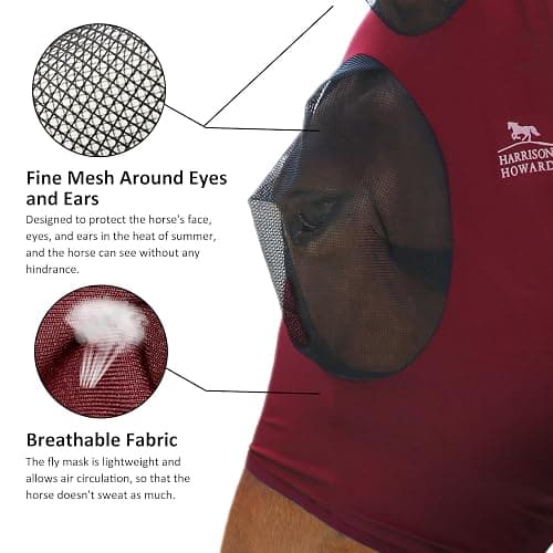 Harrison Howard Super Comfort Stretchy Fly Mask Large Eye Space with UV Protection Soft on Skin with Breathability Fly Mask Burgundy M thumbnail 2