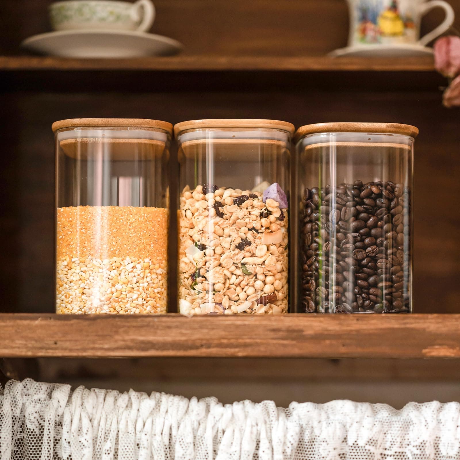 Liuruiyu Glass Food Storage Jars 37 oz Set of 6,Glass Storage Containers Clear Glass Food Canister with Bamboo Lid Airtight For Serving Tea,Coffee,Flour,Sugar,Candy,Cookie,Spice and More (Square) thumbnail 4