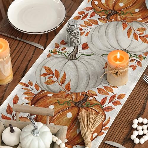Artoid Mode Buffalo Plaid Orange Pumpkins Eucalyptus Fall Table Runner, Autumn Thanksgiving Kitchen Dining Table Decoration for Home Party Decor 13x36 Inch thumbnail 4