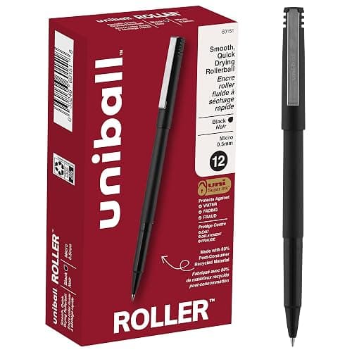 uniball Roller Rollerball Pens, Micro Point (0.5mm), Black, 12 Pack - Image 1