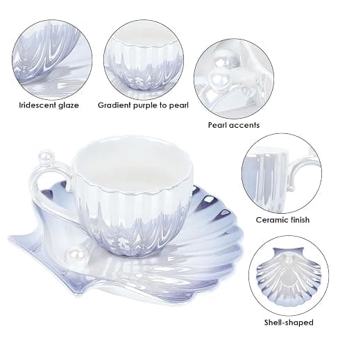 DODAMOUR Pearl Shell Cup and Saucer Set, 8oz Gradient Purple Ceramic Coffee Mug with Finish and Pearl Handle, Vintage Tea Cup with Shell Plate for Cappuccino, Latte, Home or Gift (Purple) thumbnail 5