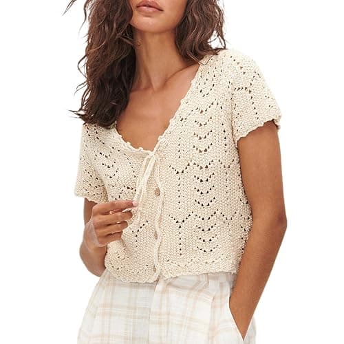 Crochet Tops for Women Knitted Summer Vest Hollow Out Button Down Shirts Short Sleeve Crop Tops Fashion Y2K Tee - Image 1