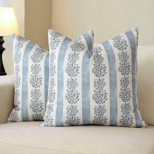 DOMVITUS Floral Throw Pillow Covers 18x18 Inch Set of 2, Block Print Decorative Pillow Covers Vintage Striped Neutral Farmhouse Boho Home Decor for Couch Sofa Bed Living Room, Light Blue - Image 1