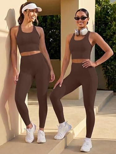 2 Piece Workout Sets for Women Racerback Tank High Waisted Pocket Leggings No Front Seam Tummy Control Butt Lifting thumbnail 8