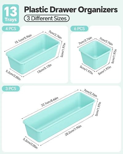 Canfanni 13 Pack Plastic Drawer Organizers Set, 3 Sizes Desk Drawer Organizer Trays for Vanity and Makeup Organizer, Organization and Storage for Makeup, Kitchen Utensils, Bathroom and Office(Blue) thumbnail 3